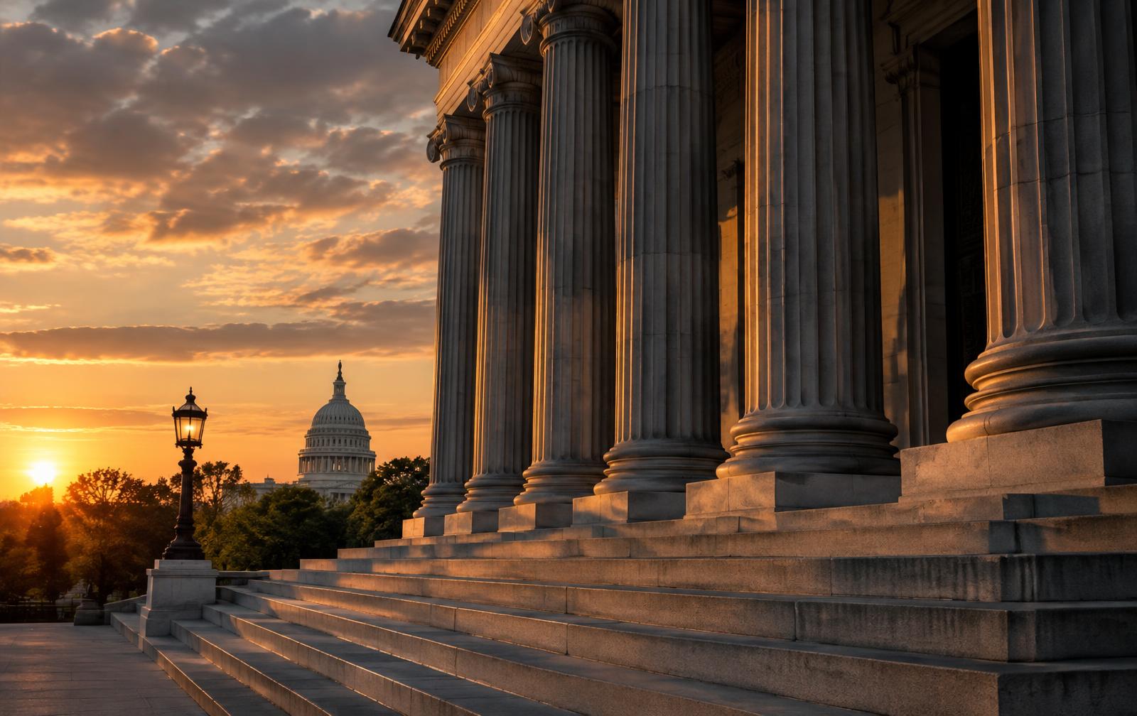 Federal building columns in Washington DC at dusk